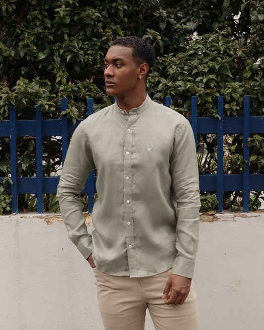 Camisa Lino Verde Militar Cuello Neru