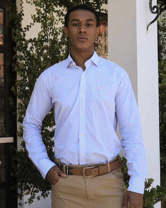 Camisa Cuadros Azul Claro Cuello Frances